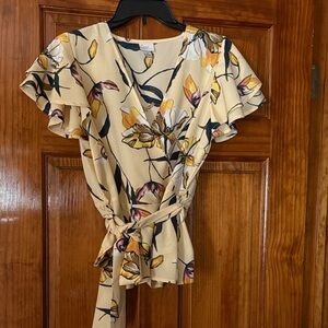 A New Day Floral Wrap Blouse - Cream, Yellow and Navy